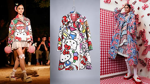 Two models featuring silhouettes from Hello Péro the latest collab between Péro X Hello Kitty flank an iconic piece from the collection