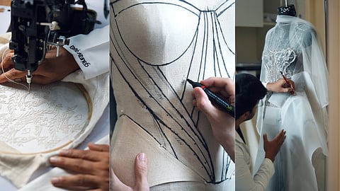 Behind the scenes: Showcasing fabric swatches, embroidery details, and design sketches in Gaurav Gupta's studio