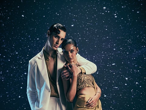 The designs include galaxy-inspired embroideries, cosmic patterns and motifs