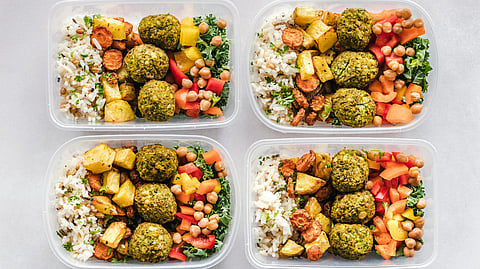 A mix of protein, vegetables, carbohydrates and fruits
