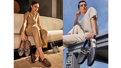 Display of moccasins and loafers in earthy tones and muted pastels