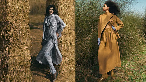 Minimalist fashion silhouettes from the Becoming collection styled in a rustic setting