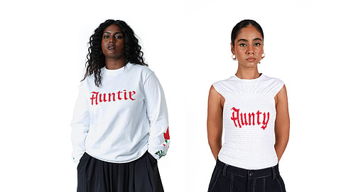 Contemporary streetwear-inspired outfit featuring a bold “Aunty” slogan tee.