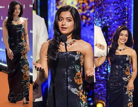 Newlywed Rashmika Mandanna joins Winston Duke on stage to present at the global Anime Awards in Japan