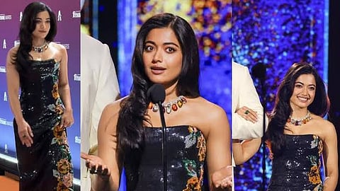 Newlywed Rashmika Mandanna joins Winston Duke on stage to present at the global Anime Awards in Japan
