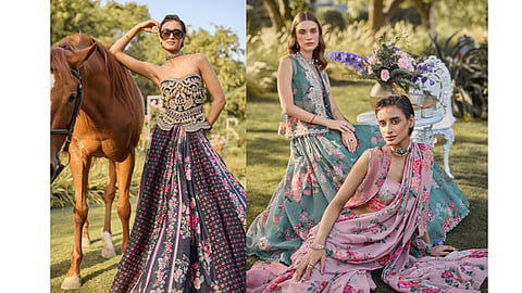 Models styled in a couture lehenga and pre-draped saris with romantic floral embroidery and prints