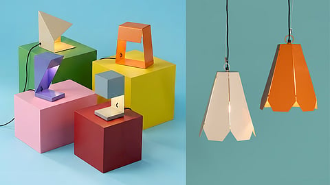 Handcrafted lamps featuring folded textures and warm diffused lighting