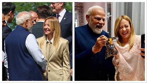 PM Modi met PM Meloni at the G7 summit recently (L); PM Modi and PM Meloni holding up a pack of candy that shares the name with their popular ship 'Melodi'