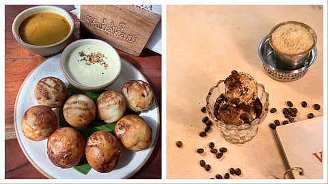 Cheese paniyaram (L) and Filter coffee cookie with ice cream (R) at La Vanakam