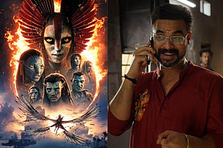 A collage depicting chartacters of Avatar: Fire & Ash in a poster and a glimpse from Tovino Thomas in Athiradi