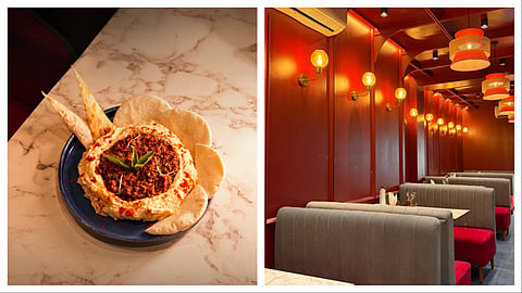 Lahmen with pita bread (L); the cafe's interiors (R)