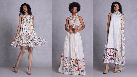 Close-up of hand-painted floral prints, lace trims and cutwork detailing in the Echoes of Spring collection
