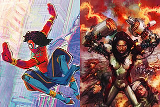 A collage featuring Pavitr Prabhakar, aka Spider-Man India, from Spider-Man: Across the Spider-Verse, and Karima Shapandar/Omega Sentinel from Marvel Comics