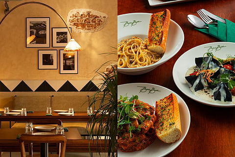 In frame (L-R): Interiors of Baci Baci Osteria; An assortment of dishes including Cacio e Pepe, Fagottini and Al Coccio from the menu at the osteria