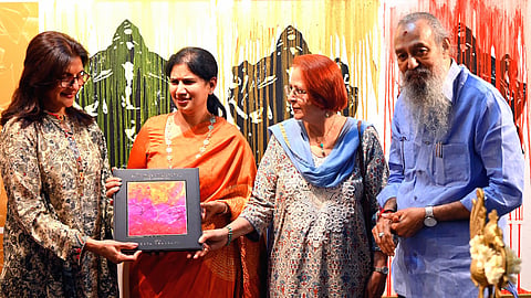Thota Tharani with guests during the presentation of A Voyage of Discovery, a book documenting his artistic practice