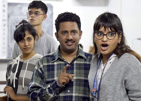 A scene from the rehearsal of the play. Pic: Pandarinath B