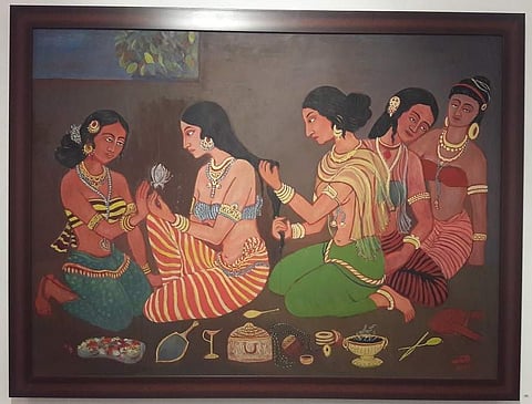 Nayika Vasavasajja preparing for her meeting with her lover (Tempera on Masonite Board)
