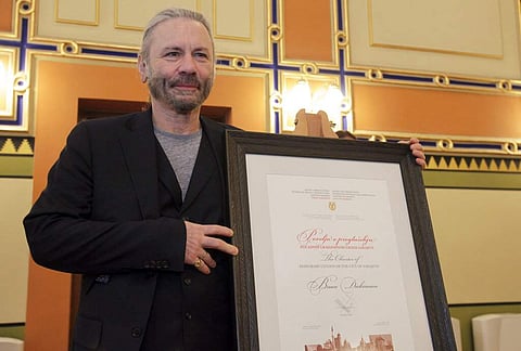 Bruce Dickinson at city hall in Sarajevo, Bosnia-Herzegovina (AP Photo/Eldar Emric)