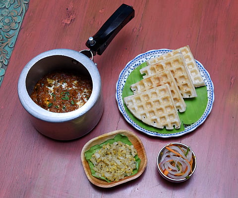 Dosa waffles with pepper chicken masala, anyone?