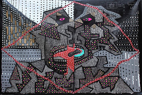 The Selfie Couple, Acrylic On Canvas. (Source: Pallav Chander)
