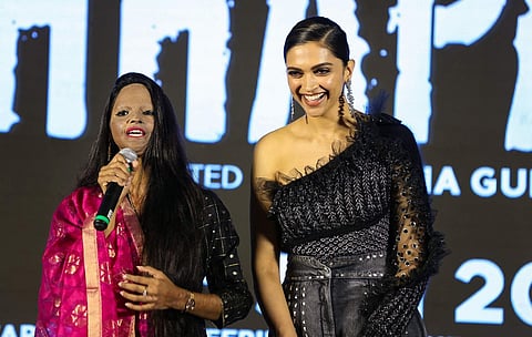 Jan 03 (PTI): Deepika Padukone with Laxmi Agarwal during the launch of title track of film Chhapaak. The film, directed by Meghna Gulzar, is based on the life of Laxmi Agarwal. (PTI Photo)