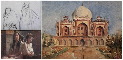 (L) On top: A Bose's Bengal Famine (Pencil on paper) Bottom: Sphinx (Oil on canvas, circa 1960), (R) Humayun's Tomb (Watercolour on paper, circa 1916)