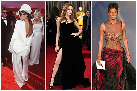 Oscar outfits by Celine Dion (left), Angelina Jolie (centre), and Halle Berry (right)