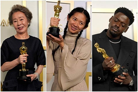 Yuh-Jung Youn for Minari (left), Chloé Zhao for Nomadland (centre), and Daniel Kaluuya for Judas and the Black Messiah (right). Image credit: Sean Gleason/Sony Pictures Classics via AP