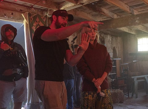 Blunt and Krasinski while filming A Quiet Place Part II