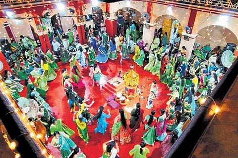 Members of Gujarati community perform garba dance at Samudri Mata temple in Mattancherry