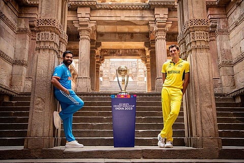 Indian cricket team captain, Rohit Sharma (L) with Australian cricket team captain, Australia team captain Pat Cummins (R)
