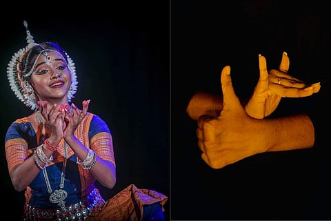 Tithi Das (L) and a symbol from mudragraphy (R)