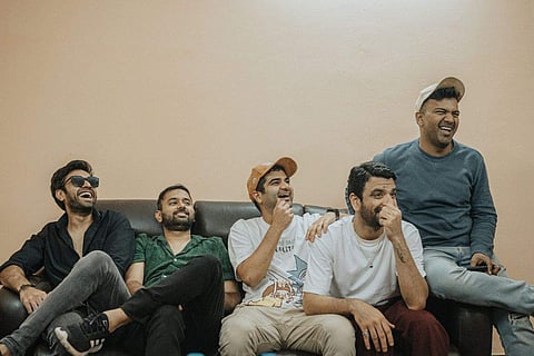 L to R: Harshvardhan Gadhvi (guitarist) Sahil Shah (drummer) Himonshu Parikh (music producer) Rajan Batra (lyricist and lead vocalist) Stuart D’Cousta (Bass)