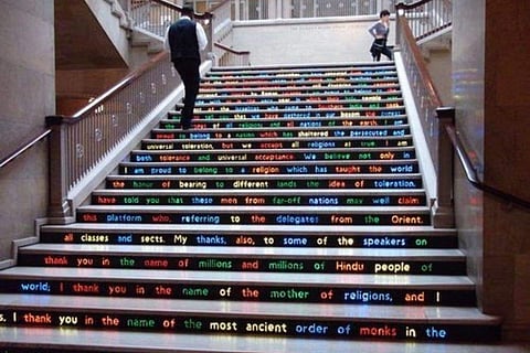 In frame: The staircase with Swami Vivekanand's speech at the Art Institute of Chicago