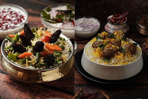 Gucchi Subz-e-zar Biryani (L); & Gosht Nargisi Kofta Biryani