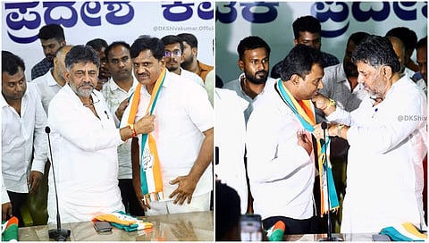 ಕಾಂಗ್ರೆಸ್ ಗೆ ಸೇರ್ಪಡೆಗೊಂಡ ಜೆಡಿಎಸ್ ಪಕ್ಷದ ಕಾರ್ಯಕರ್ತರು, ನಾಯಕರು ಸೇರಿದಂತೆ 400ಕ್ಕೂ ಹೆಚ್ಚು ಮಂದಿಯನ್ನು ಡಿ ಕೆ ಶಿವಕುಮಾರ್ ಕೆಪಿಸಿಸಿ ಕಚೇರಿಯಲ್ಲಿ ಬರಮಾಡಿಕೊಂಡರು. (ಡಿ ಕೆ ಶಿವಕುಮಾರ್ ಟ್ವಿಟ್ಟರ್ ಖಾತೆಯ ಫೋಟೋಗಳು)
