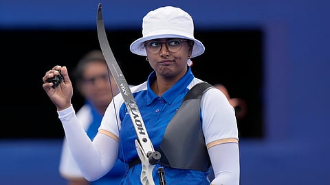 India's Deepika Kumari reacts after a shot during the archery individual quarterfinal against South Korea's Nam Su-hyeon at the 2024 Summer Olympics, Saturday, Aug. 3, 2024, in Paris, France.