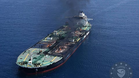 This photo released by the European Union's Operation Aspides naval force shows the Greek-flagged oil tanker Sounion burning in the Red Sea following a series of attacks by Yemen's Houthi rebels on Monday