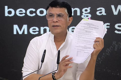 Congress leader Pawan Khera addresse a press conference on issue of alleged SEBI scam, at AICC in New Delhi, Tuesday, Oct. 29, 2024.