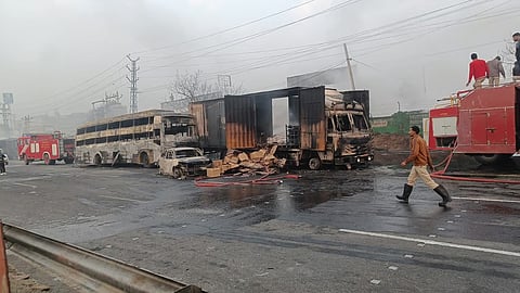 The site of a massive fire that broke out following a truck collision on the Jaipur-Ajmer national highway.
