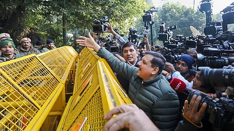 Aam Aadmi Party (AAP) leaders Sanjay Singh and Saurabh Bharadwaj arrive at Delhi Chief Minister Atishis official residence, in New Delhi, Wednesday, Jan. 8, 2025.