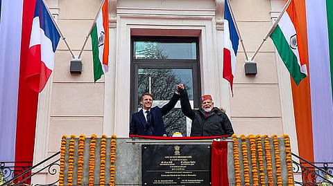 Prime Minister Narendra Modi and French President Emmanuel Macron during the inauguration of the Indian Consulate, in Marseille, France, Wednesday, Feb. 12, 2025.