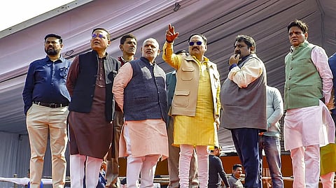 ರಾಮಲೀಲಾ ಮೈದಾನದಲ್ಲಿ ಸಿದ್ಧತೆ ಪರಿಶೀಲಿಸುತ್ತಿರುವ ಬಿಜೆಪಿ ನಾಯಕರು