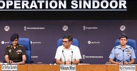 Foreign Secretary Vikram Misri (C), Col. Sofiya Qureshi (L) and Wg Cdr Vyomika Singh (R) address the media regarding 'Operation Sindoor' in New Delhi on Wednesday.