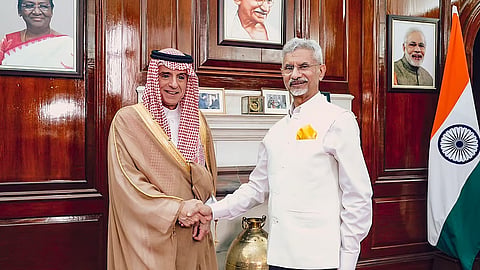 External Affairs Minister S Jaishankar shakes hands with Minister of State for Foreign Affairs of Saudi Arabia Adel al-Jubeir during a meeting, in New Delhi, on May 8, 2025.