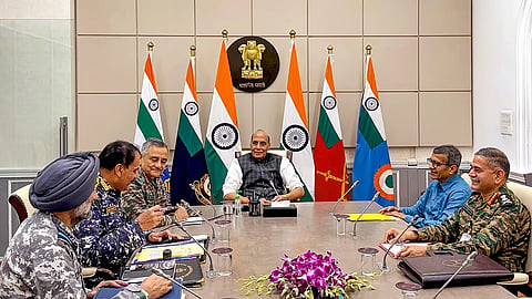 Defence Minister Rajnath Singh holds a meeting with CDS Gen. Anil Chauhan, Army Chief Gen. Upendra Dwivedi, Navy Chief Admiral Dinesh K. Tripathi and IAF Chief Air Chief Marshal A.P. Singh, in New Delhi, Friday, May 9, 2025.