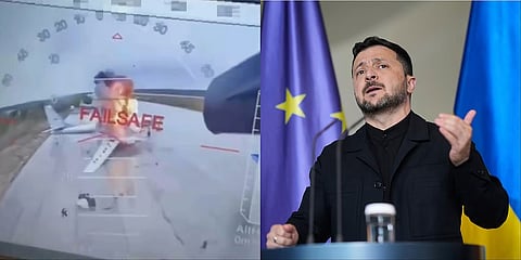 In this image Ukrainian Security Service shows a Ukrainian drone striking Russian planes