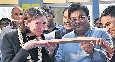 Minister MB Patil with British High Commissioner to India Lindy Cameron at Karnataka Soaps and Detergents Ltd unit in Bengaluru on Wednesday.