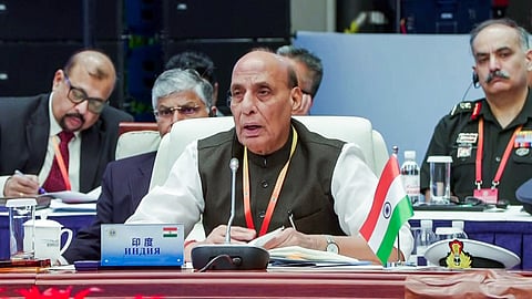 Defence Minister Rajnath Singh speaking at the SCO Defence Ministers’ Meeting in Qingdao, China, on Thursday.