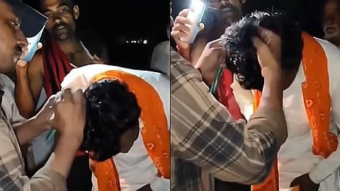 upper caste men tonsuring the religious preacher